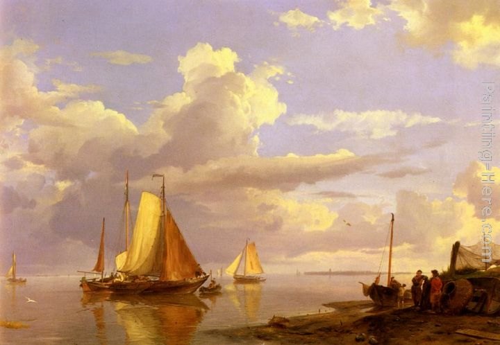 Hermanus Koekkoek Snr Fishing Boats Off The Coast At Dusk